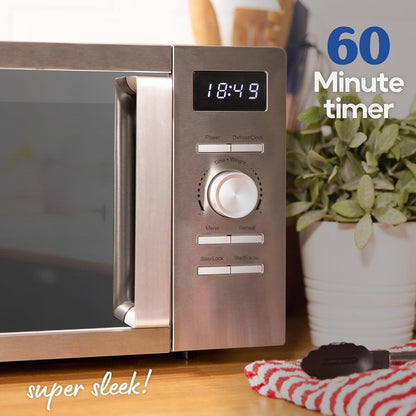 Russell Hobbs Stainless Steel Digital Microwave 20 Litre 800W Solo Digital with 5 Power Levels, Defrost Function & Easy Clean, 60 Minute Timer, 8 Auto-Cook Menus, RHMD828SS
