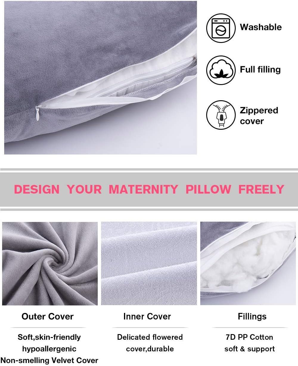 Pregnancy Pillow, U Shaped Full Body Pillow, Nursing, Support and Maternity Pillow for Pregnant Women with Removable Velvet Cover (Grey)