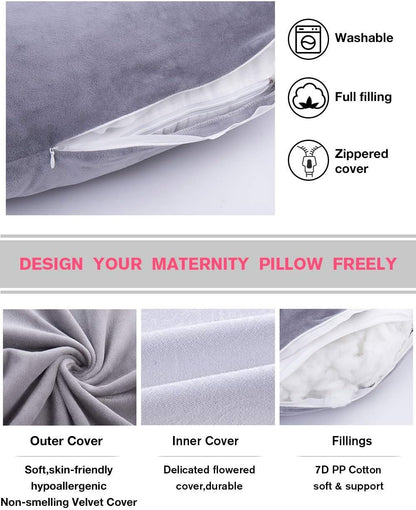 Pregnancy Pillow, U Shaped Full Body Pillow, Nursing, Support and Maternity Pillow for Pregnant Women with Removable Velvet Cover (Grey)
