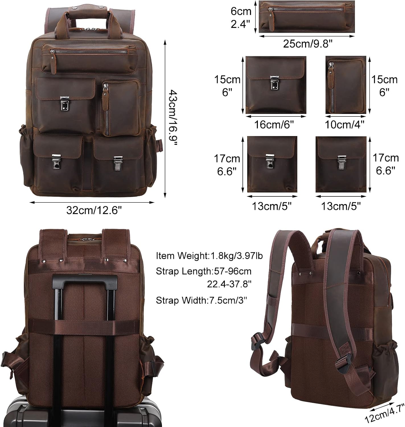 Vintage Leather Backpack for Men Travel Rucksack with Multi Pockets 15.6" Laptop Bag Casual Daypack, Brown