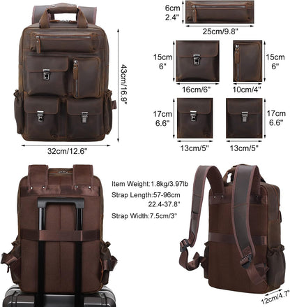 Vintage Leather Backpack for Men Travel Rucksack with Multi Pockets 15.6" Laptop Bag Casual Daypack, Brown