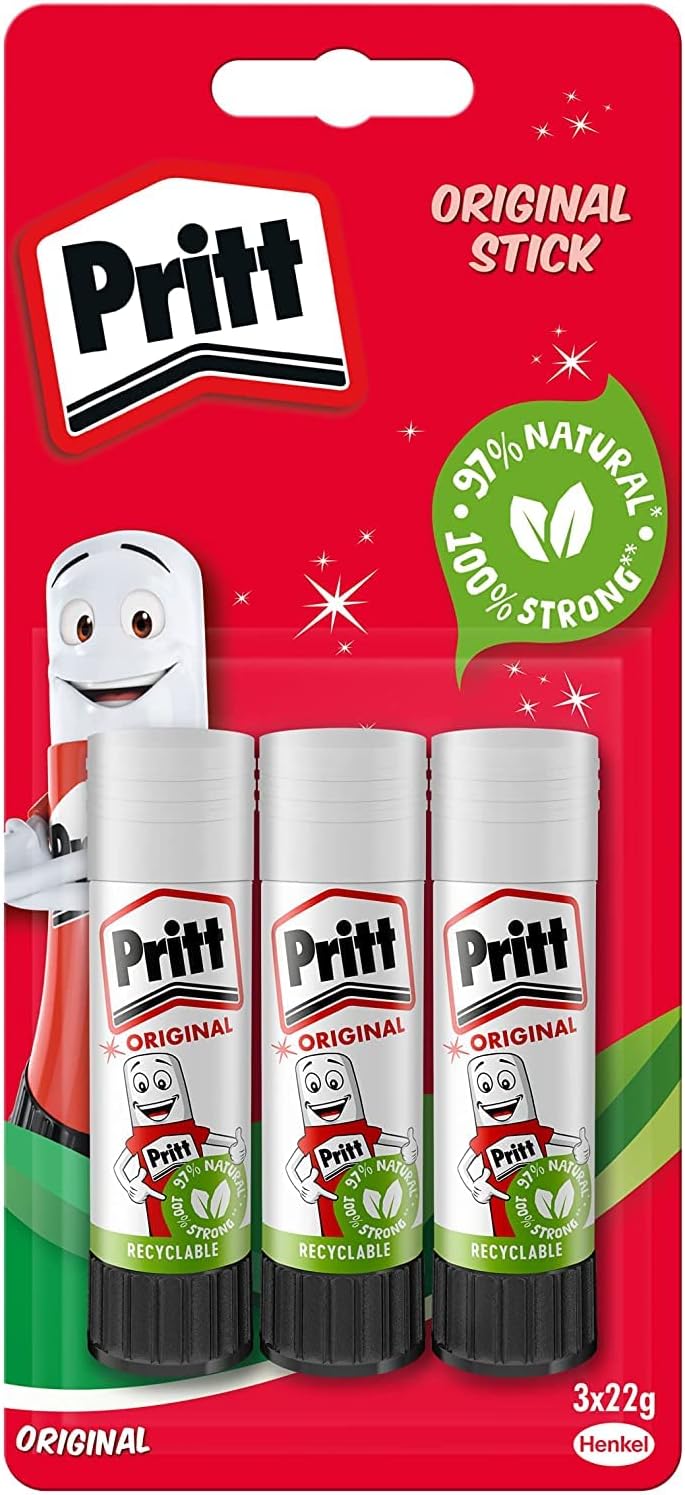 Pritt Glue Stick, Safe & Child-Friendly Craft Glue for Arts & Crafts Activities, Strong-Hold Adhesive for School & Office Supplies, 22 G (Pack of 3)