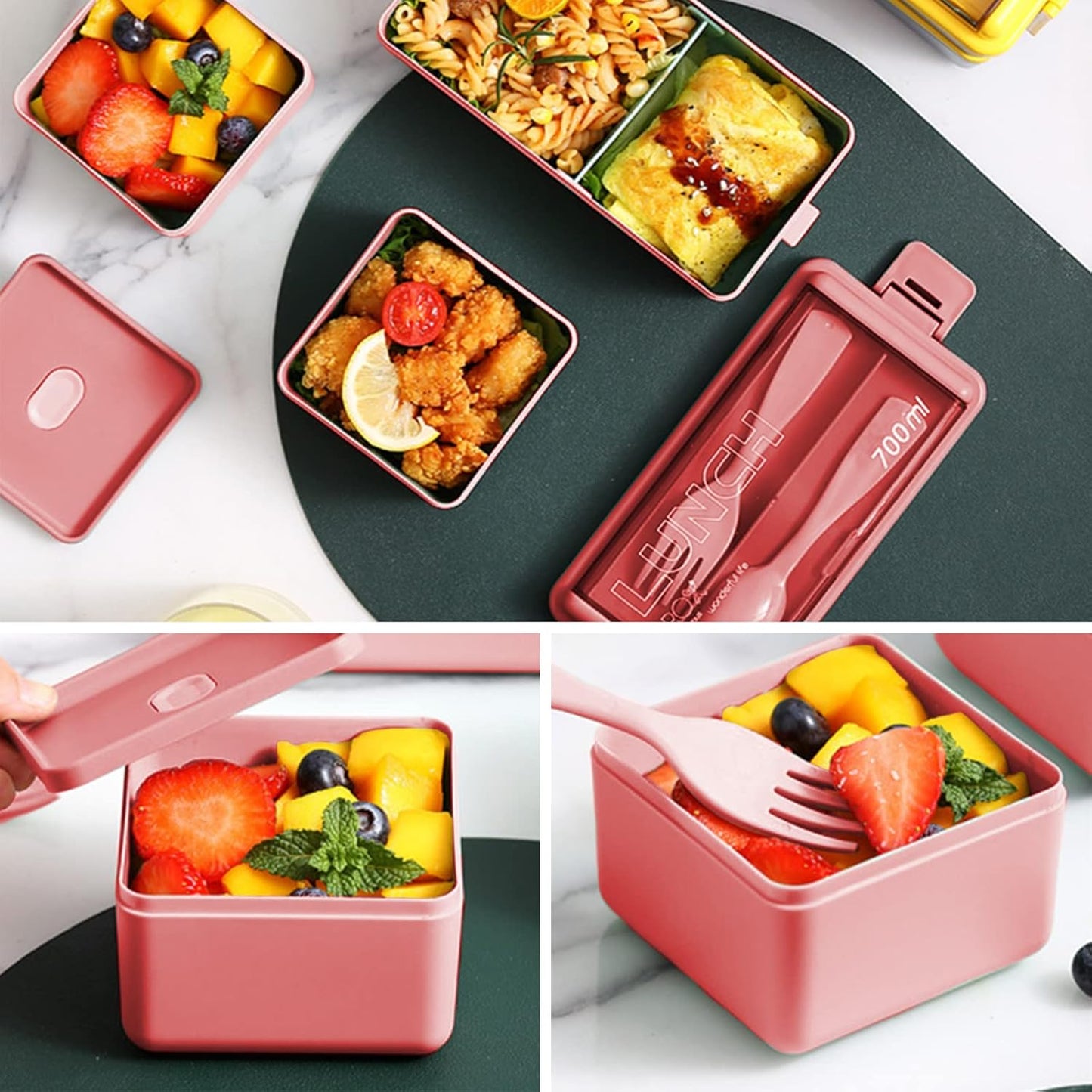Jsdoin Lunch Box Stackable,1400Ml Containers with 3 Removable Compartments and Cutlery, Leak Proof 2 Layer Boxes, for Adults Kids Office Microwave Dishwasher Safe Available(Pink)