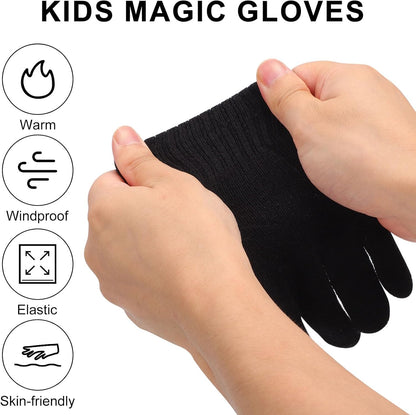 6 Pairs Winter Magic Gloves Kids, Warm Knit Stretch Black Full Finger Gloves for Girls Boys