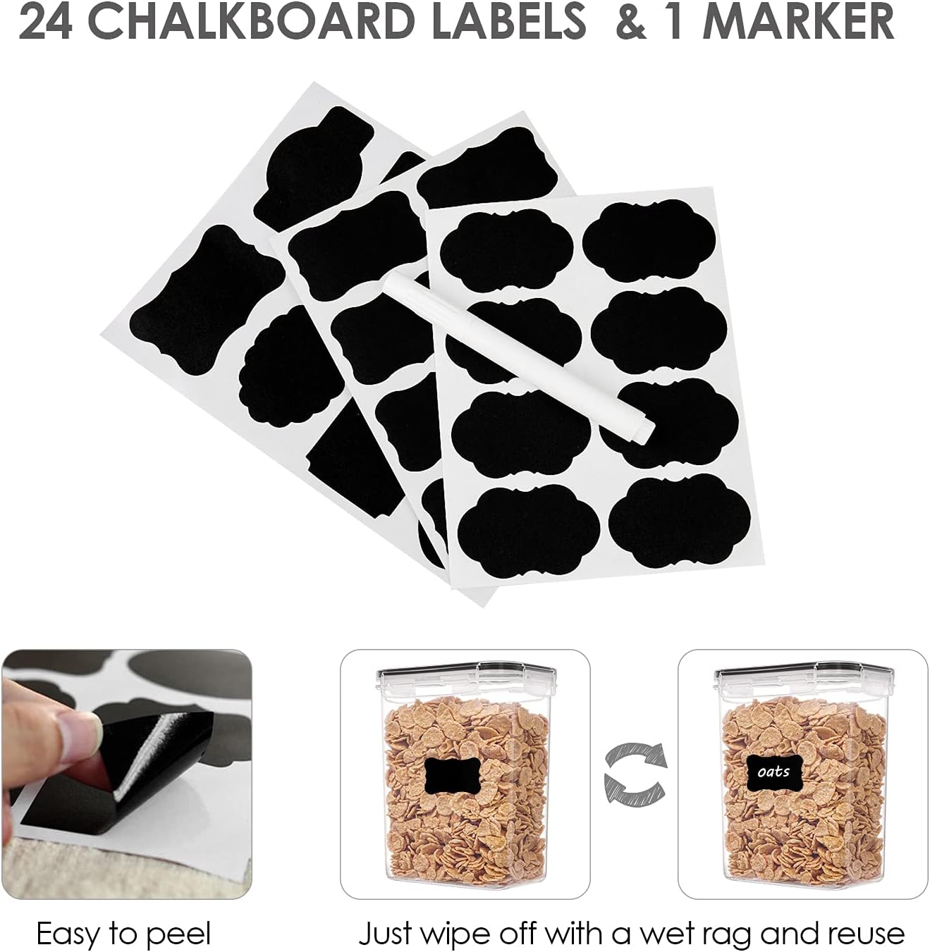 Set of 24 Airtight Food Storage Containers & Kitchen Storage Containers, Bpa-Free Plastic Containers for Flour, Sugar and Baking Supplies, with 24 Labels (Black)