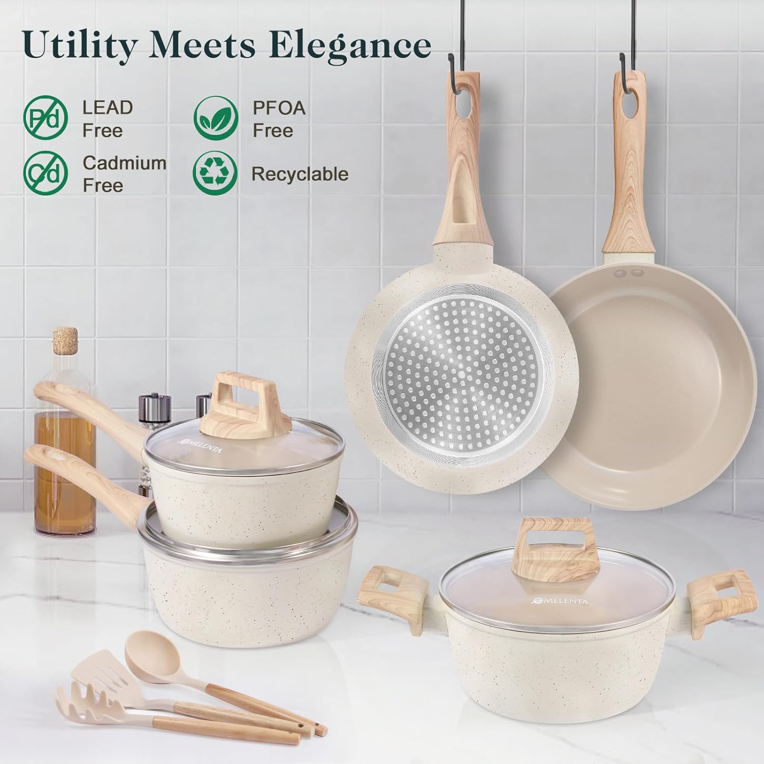 Pots and Pans Set Non Stick, 11 Piece Die-Cast Induction Hob Pan Set, Ceramic Cookware Set Nonstick Cooking Sets with Frying Pans, Saucepan Set, 100% PFOA Free, Cream