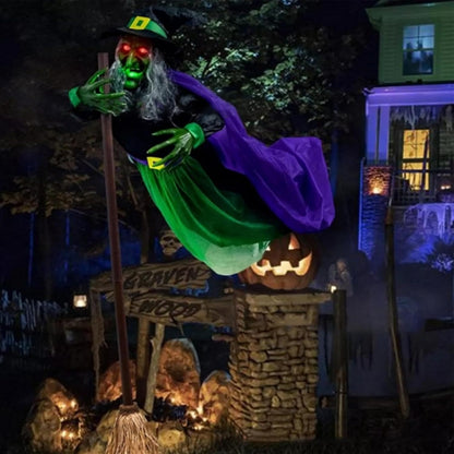 Halloween Animated Decorations Outdoor Scary Flying Hover Witch - 6Ft Flying Witch Decorations | Halloween Animated Props with Scary Sounds and Lights for Outdoor Garden Yard Halloween Decor