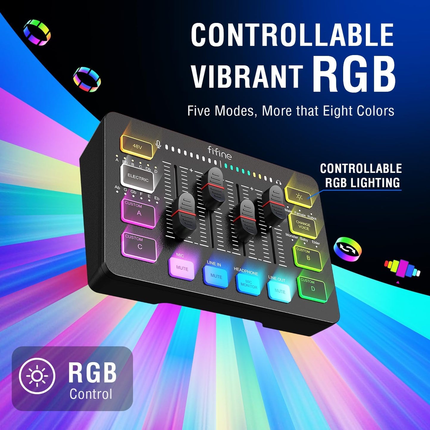 Gaming Audio Mixer for Streaming, RGB PC Audio Interface, DJ Mixer with XLR Microphone Interface Volume Fader Individual Channel Design, Customized Soundboard for Podcast, Recording, Vocal-Sc3