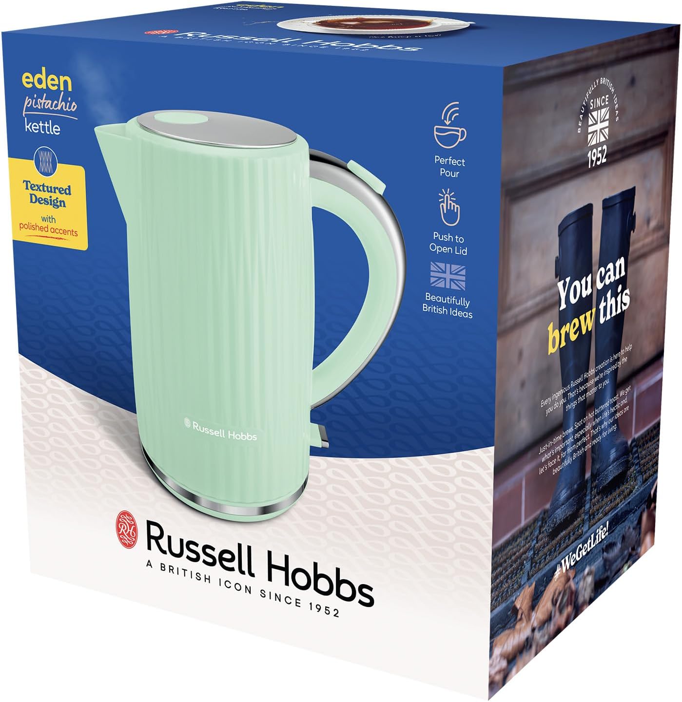 Russell Hobbs Electric Kettle (Hot Water, Tea or Coffee, 1.7L, Push to Open Lid, Perfect Pour Spout, Removable Washable Filter, Illuminated Switch, Chrome Accents, Pistachio, 3000W) Eden 27364