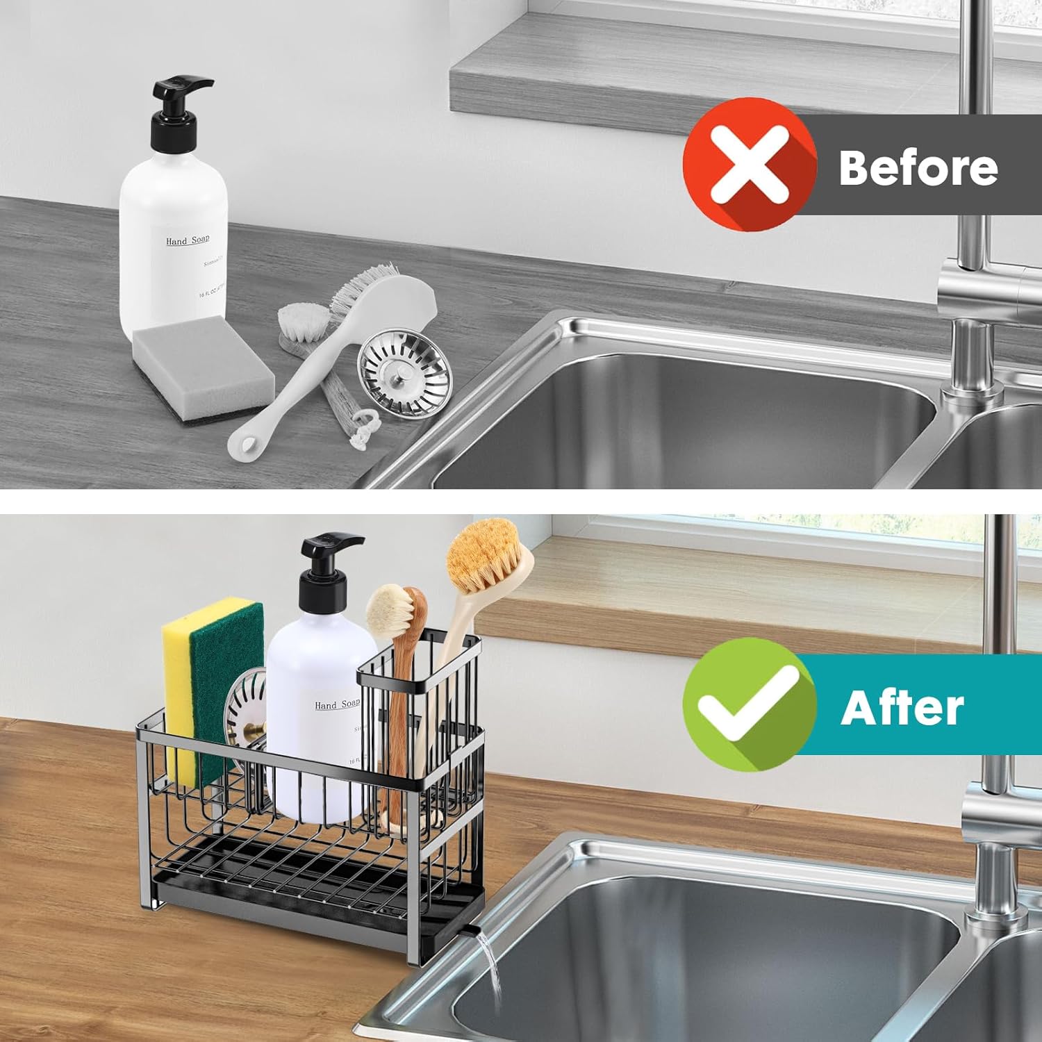 Sink Caddy Organiser Kitchen Sink Tidy Organizer,2 Tier Soap Dish Tray Washing up Caddy Sinkware Organiser,Sponge Holder for Kitchen Accessories Storage Rack with Brush Holder
