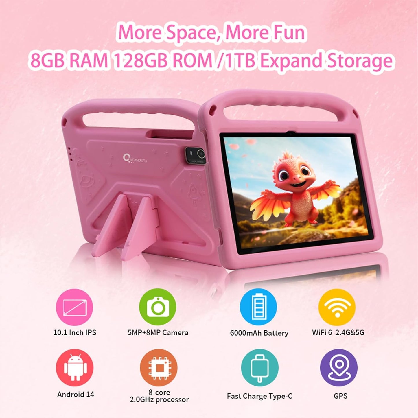 Android 14 10 Inch Kids Tablet,8Gb+128Gb up to 1Tb,Tablet for Kids with Family Link Parental Control,Touch Tablets for Children Wifi 6,Learning Tablets for Toddlers,Shockproof EVA Case (Pink)