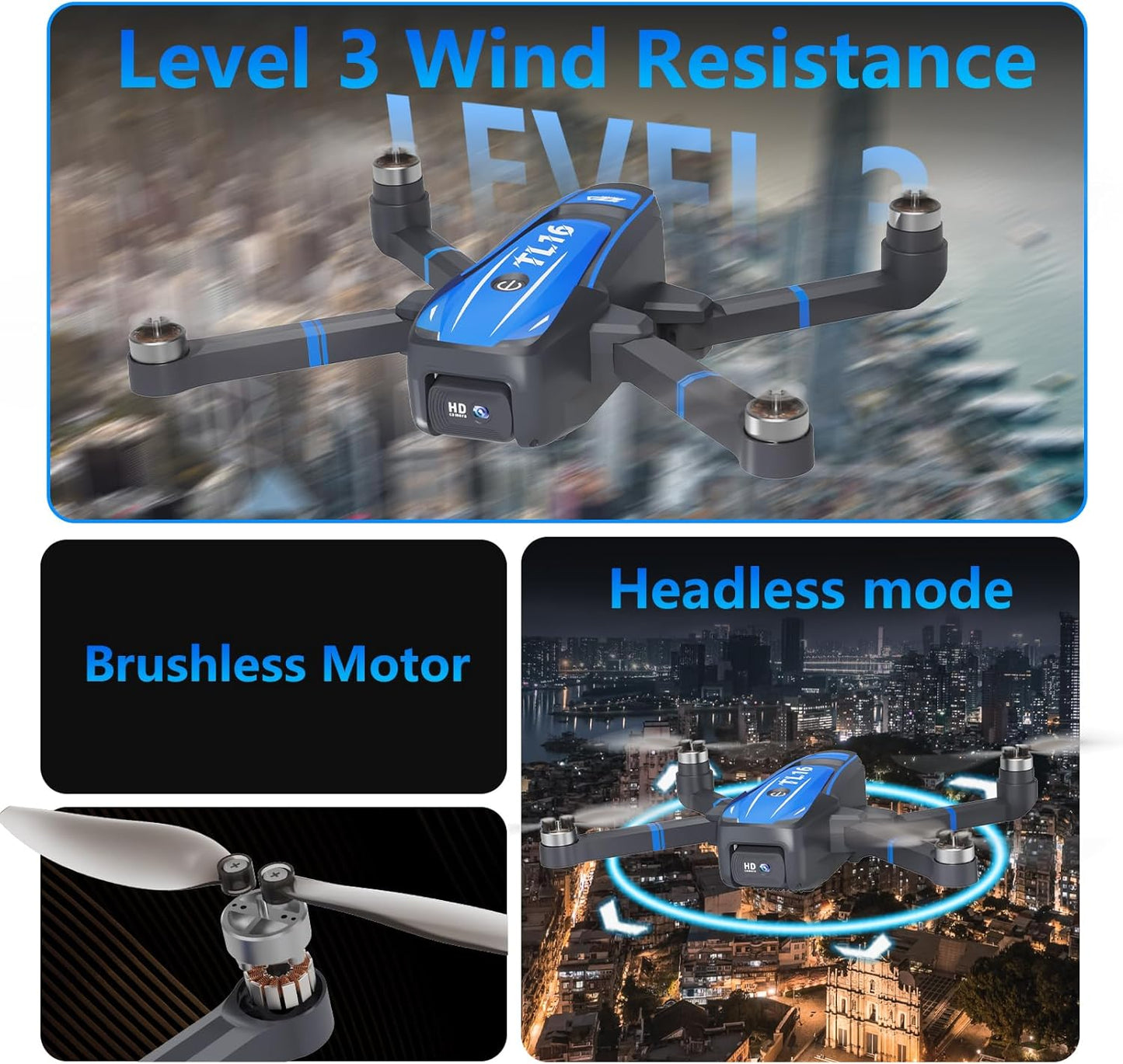 TL16 Drones with Camera 4K for Adults, Brushless Motor Drone for Beginners 90° Motorised Adjustable Lens Gesture Control Headless Mode Foldable Quadcopter, Blue