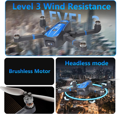 TL16 Drones with Camera 4K for Adults, Brushless Motor Drone for Beginners 90° Motorised Adjustable Lens Gesture Control Headless Mode Foldable Quadcopter, Blue