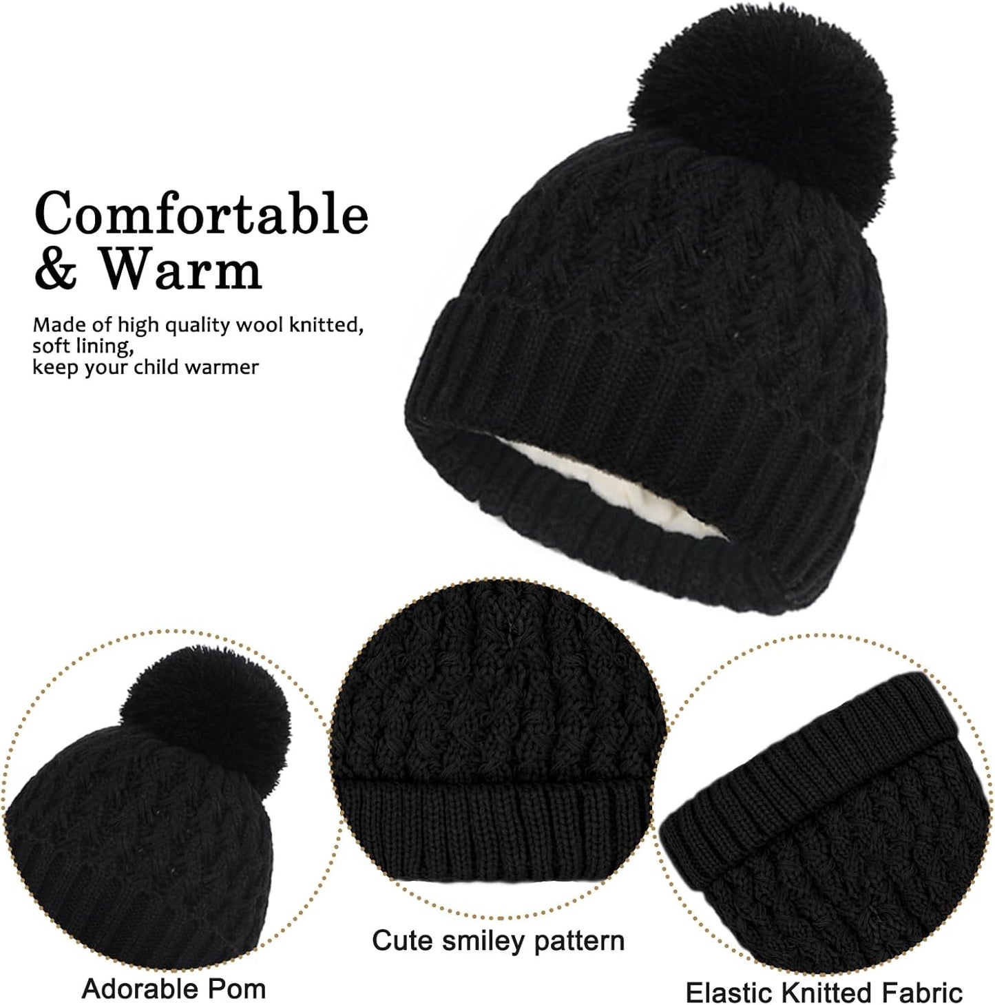 Kids Winter Hat Scarf and Gloves Set, 3Pcs Knitted Warmth Crochet Thick Fluffy Scarf Pom Bobble Hat Two Fingers Touch Screen Gloves Set for Boys and Girls 2-8