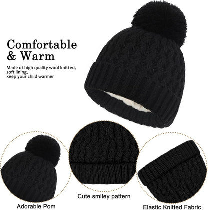 Kids Winter Hat Scarf and Gloves Set, 3Pcs Knitted Warmth Crochet Thick Fluffy Scarf Pom Bobble Hat Two Fingers Touch Screen Gloves Set for Boys and Girls 2-8