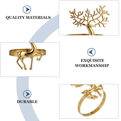 Christmas Napkin Rings- 6 Pcs Christmas Alloy Napkin Ring Holder Household Napkin Buckle for Table Decor, Wedding, Xmas, Party Dinner, Thanksgiving (Reindeer) (Gold)
