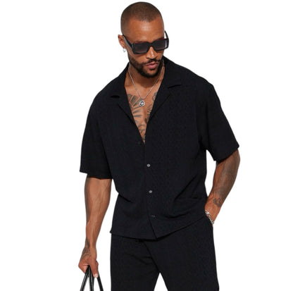 Check My Bank Statement Knit Short Sleeve Button Up Black