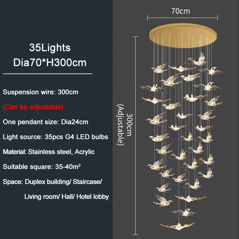 Luxury Led Chandelier for Staircase Modern Home Decor Hanging Lamp Creative Bird Design Lighting Acrylic Living Room Lustre