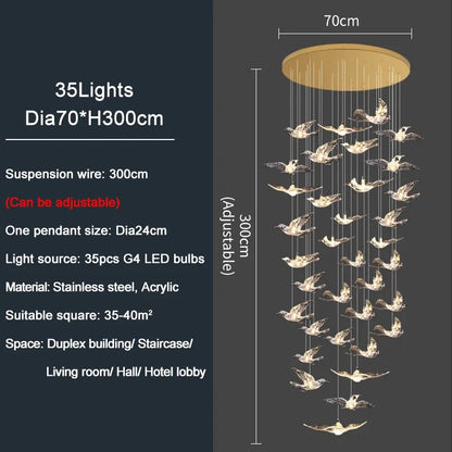 Luxury Led Chandelier for Staircase Modern Home Decor Hanging Lamp Creative Bird Design Lighting Acrylic Living Room Lustre