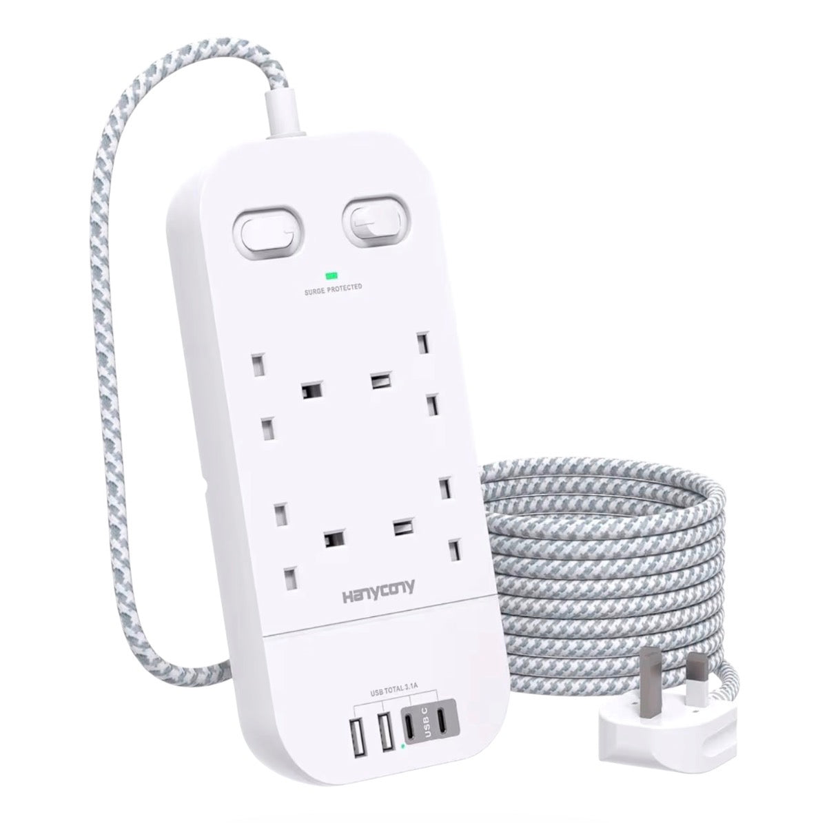 4-Way Surge Protector Extension Lead 4 USB Ports 1.8M Braided Cable