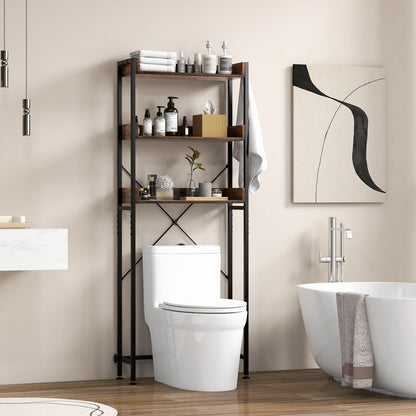 Three-Tier Over-the-Toilet Storage Rack with Four Hooks and Adjustable Base Bar