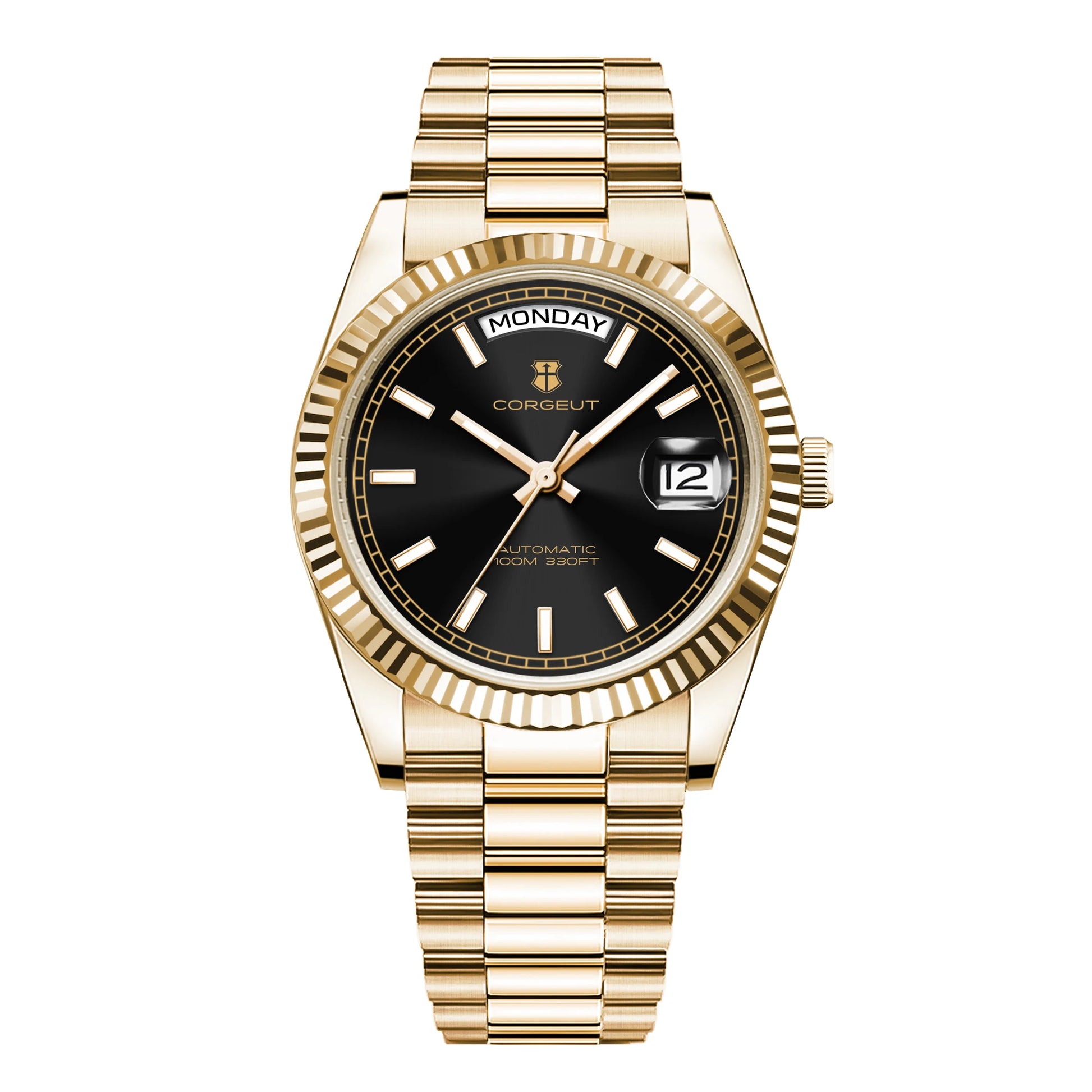 NH36 Mechanical Men'S Watch Date of the Week Show President Chain Strap Steel Case Watch Threaded Arc Bezel Waterp