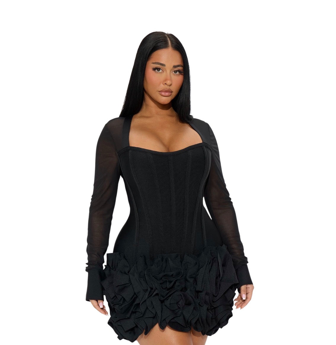 Blessed Beauty Ruffle Rosette Bandage Mini Dress Black