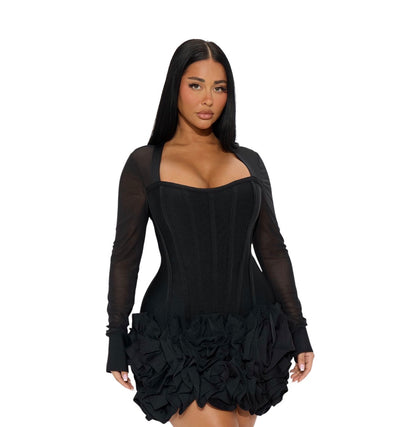 Blessed Beauty Ruffle Rosette Bandage Mini Dress Black