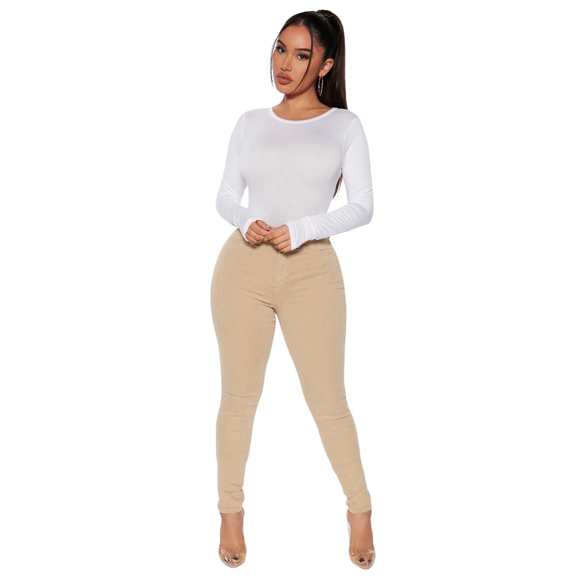Classic High Waist Skinny Jeans Khaki