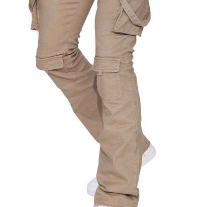 Strapped In Cargo Stacked Skinny Flare Jeans Taupe