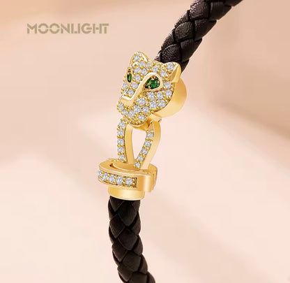 MOONLIGHT Classic Design Exquisite Cheetah Zircon Bracelet for Women Braided Leather Bracelet Quality Banquet Couples Gift
