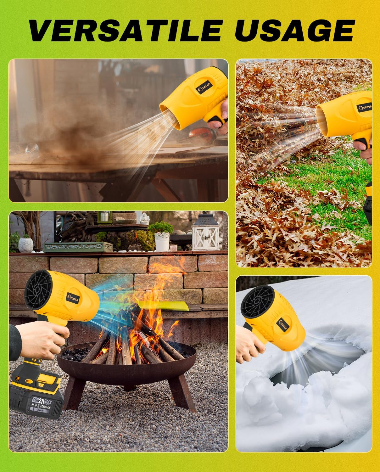 Cordless Leaf Blower Portable Dust Cleaner Handheld Blowers 180000 RPM with Adjustable Speed for Patio Cleaning Drying Camping 2 Batteries Yellow