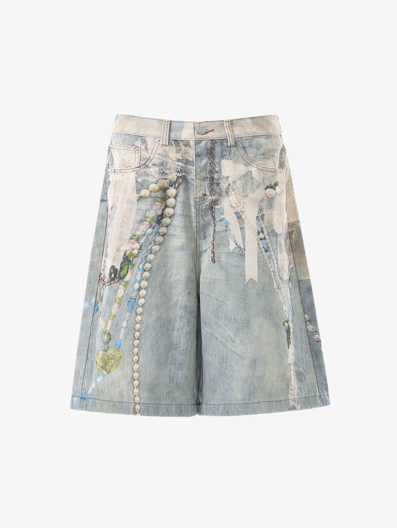 JEWELRY PEARL GRAPHIC PRINT 3D EFFECT DENIM SHORTS