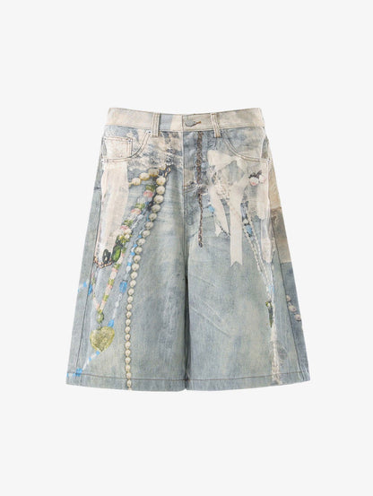 JEWELRY PEARL GRAPHIC PRINT 3D EFFECT DENIM SHORTS