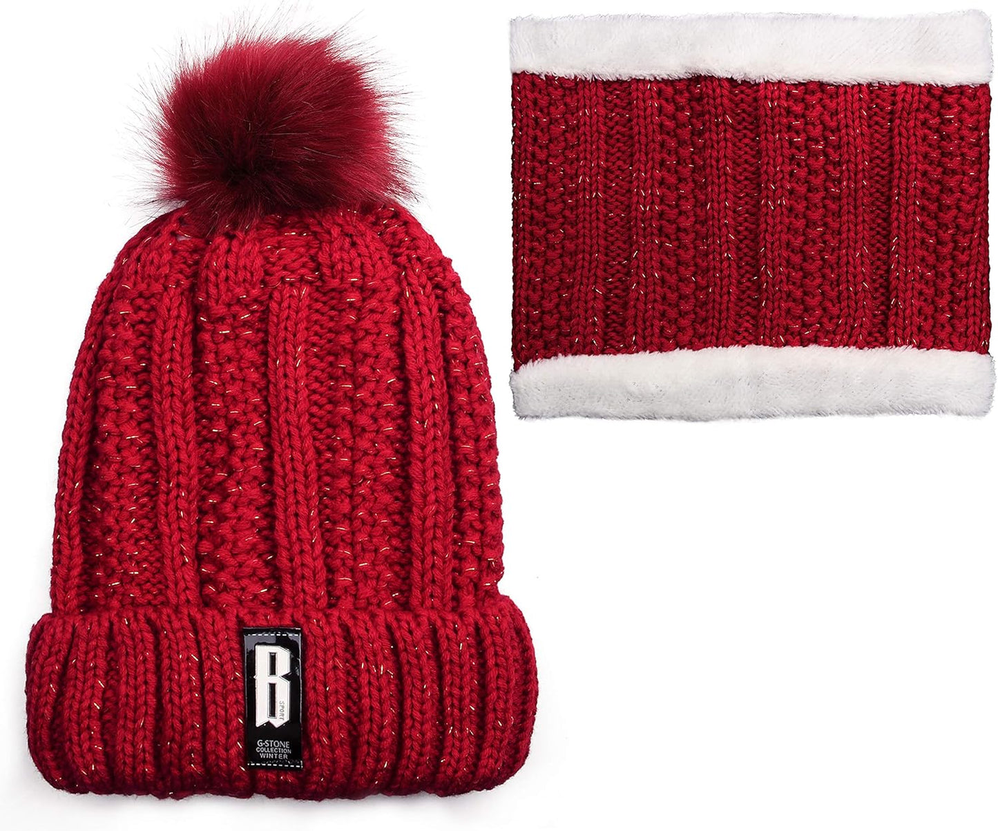 Womens Knit Scarf Beanie Hat 2PCS Set Fleece Lined Pom Skull Cap Scarves Soft Warm Winter Gift Set