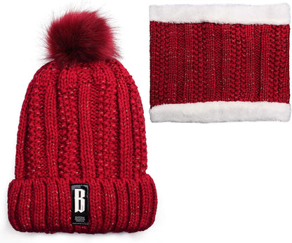 Womens Knit Scarf Beanie Hat 2PCS Set Fleece Lined Pom Skull Cap Scarves Soft Warm Winter Gift Set