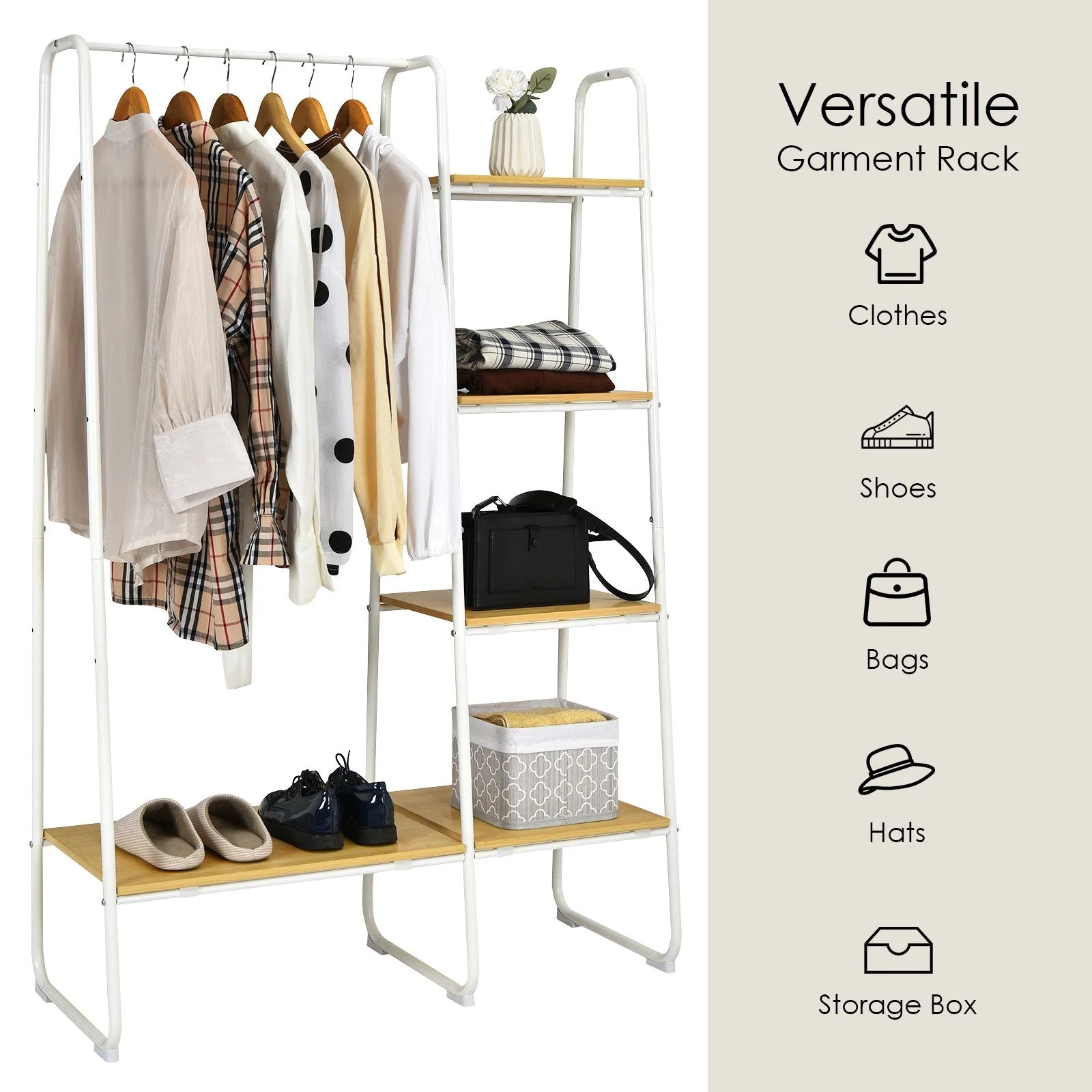 Free-Standing Clothing Rack with Five-Tier Wooden Shelves