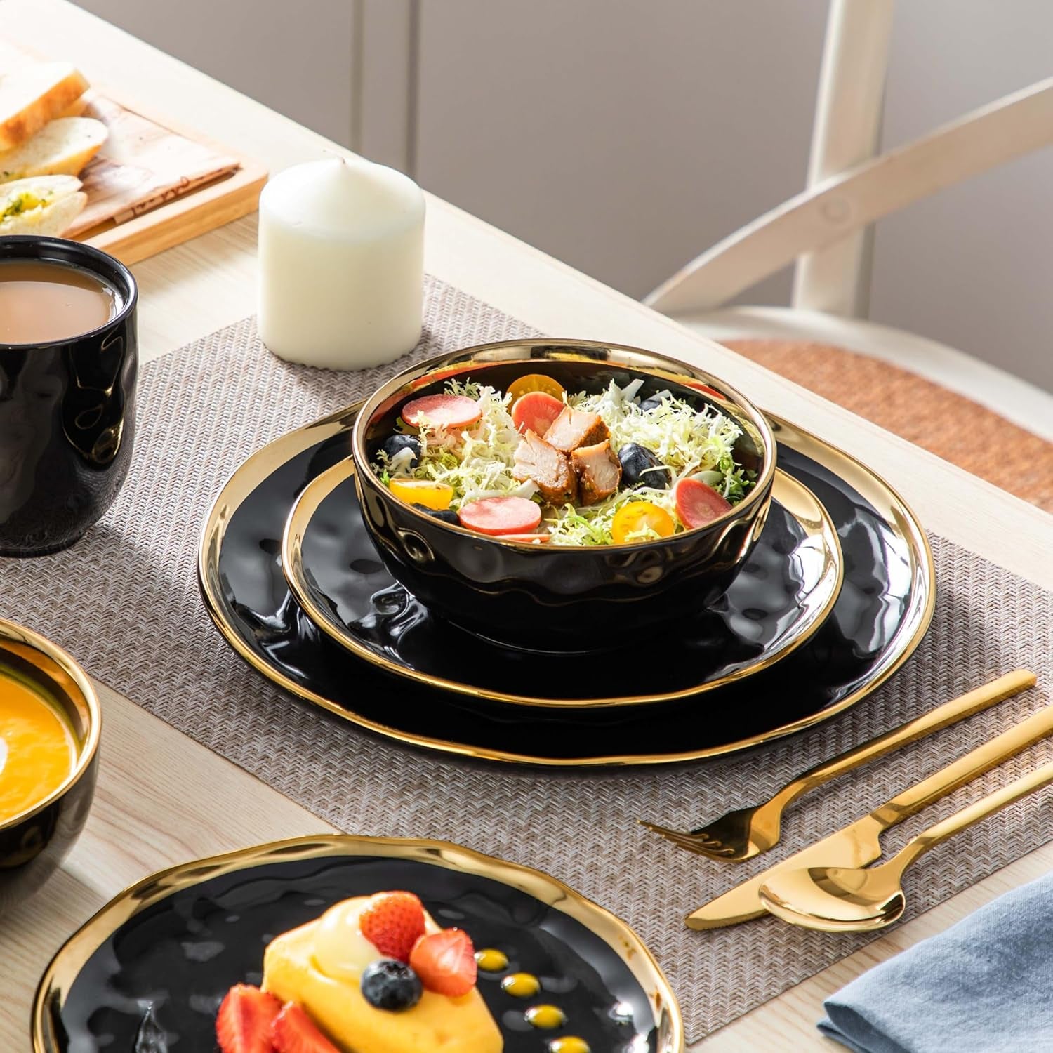 'Apollo', 16 Piece Dinner Set, Stoneware Dish Set for 4, Kitchen Plates and Bowls Sets, Handmade Dinnerware Set with Gold Trim, Dishwasher Safe, Black and Gold