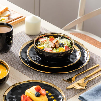 'Apollo', 16 Piece Dinner Set, Stoneware Dish Set for 4, Kitchen Plates and Bowls Sets, Handmade Dinnerware Set with Gold Trim, Dishwasher Safe, Black and Gold