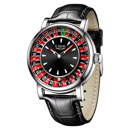 Quartz Man Watch Fashion Luxury Creative Roulette Game Dial Design Leather Casual Life Waterproof Watches for Men Gifts+Box