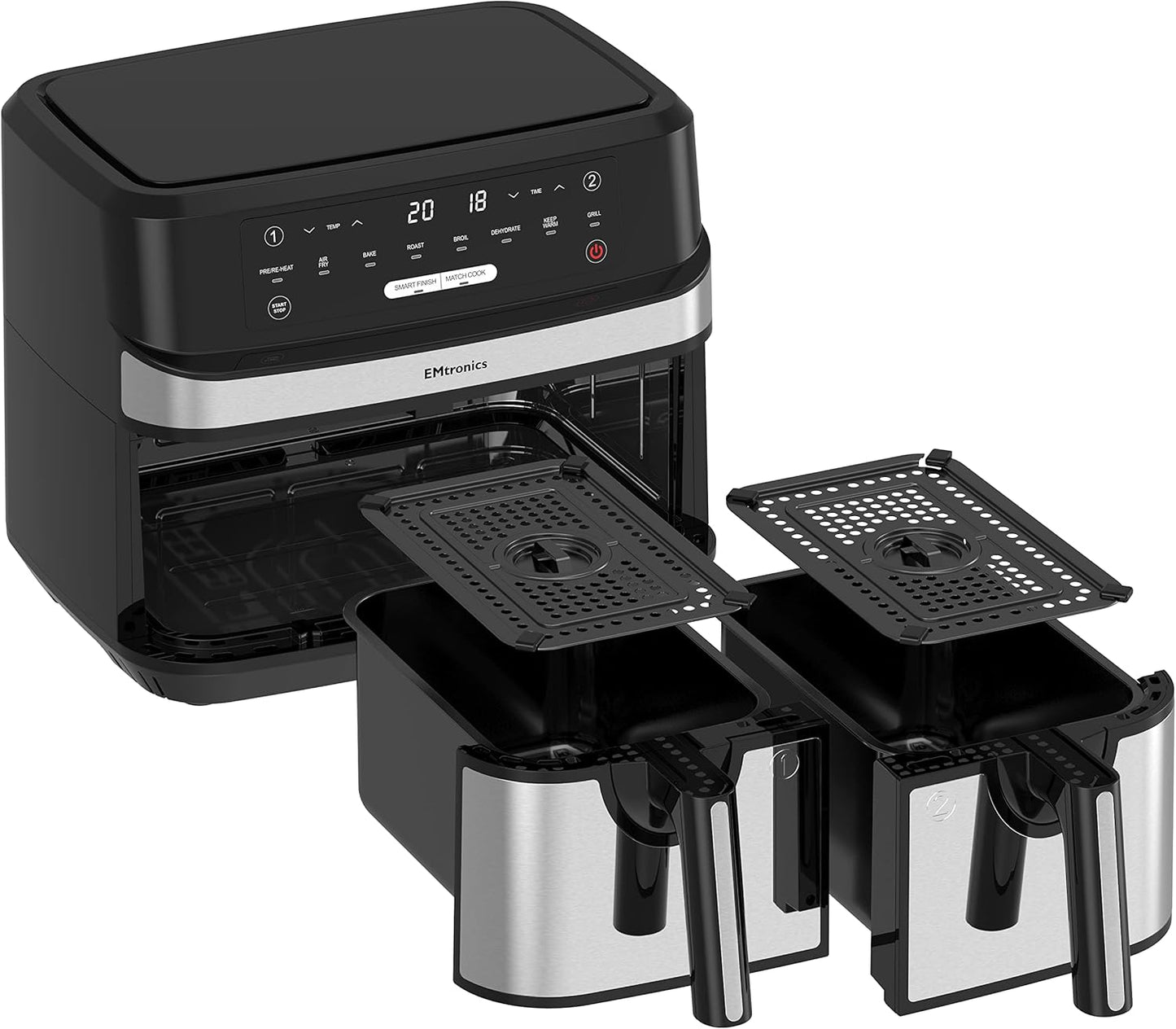 EMAFDD9LSL Dual Air Fryer Extra Large Family Size Double XL 9 Litre with 8 Pre-Set Menus for Oil Free & Low Fat Healthy Cooking, Easy Clean Metal Interior, 99-Minute Timer - Stainless Steel