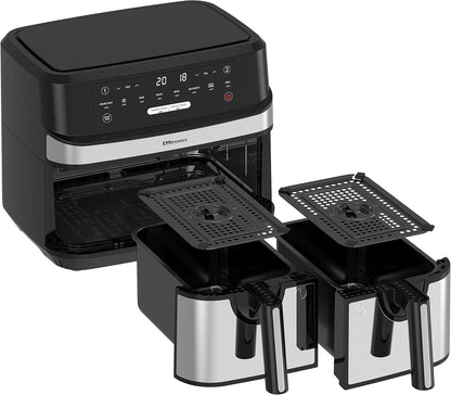 EMAFDD9LSL Dual Air Fryer Extra Large Family Size Double XL 9 Litre with 8 Pre-Set Menus for Oil Free & Low Fat Healthy Cooking, Easy Clean Metal Interior, 99-Minute Timer - Stainless Steel
