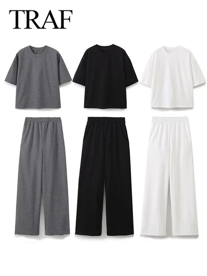 2024 Women'S Solid Casual T Shirts Pant Set Short Sleeves O-Neck T-Shirt Top+Lace-Up Loose Side Pockets Straight Pant