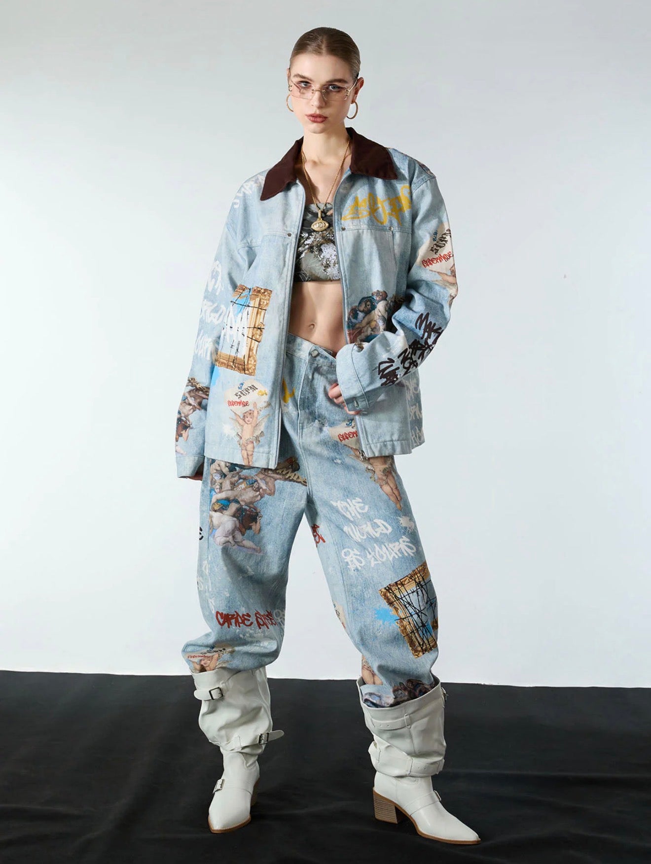 ARTISTIC PATCHES GRAPHIC DISTRESSED DENIM JACKET