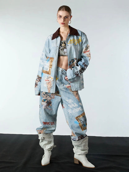 ARTISTIC PATCHES GRAPHIC DISTRESSED DENIM JACKET