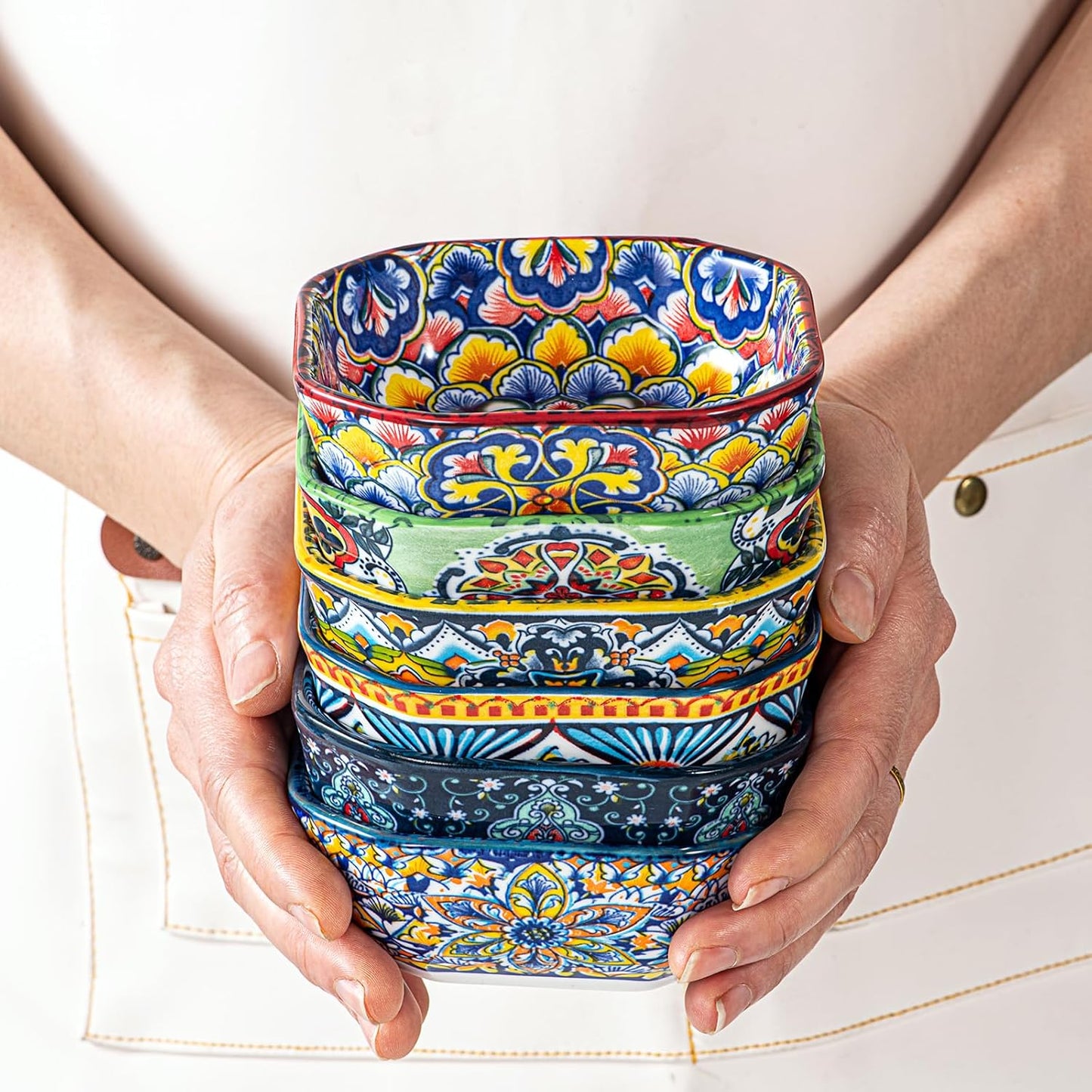 Square Snack Bowls Porcelain, 8Oz Dipping Bowls, Small Appetiser Plates for Sauce, Spices, Fruits, Snack & Dessert. Colourful, Pack of 6 - Bohemian Style