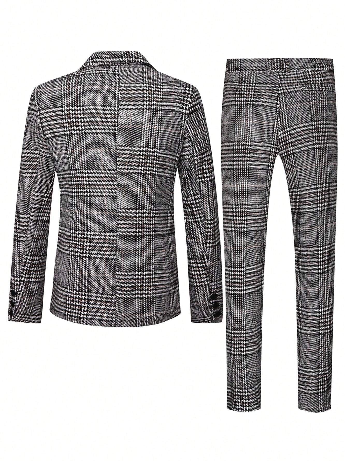 Manfinity Mode Men'S Plaid Double-Breasted Suit Jacket and Pants Set,Fall and Winter Men Clothes,Two Pieces Outfits