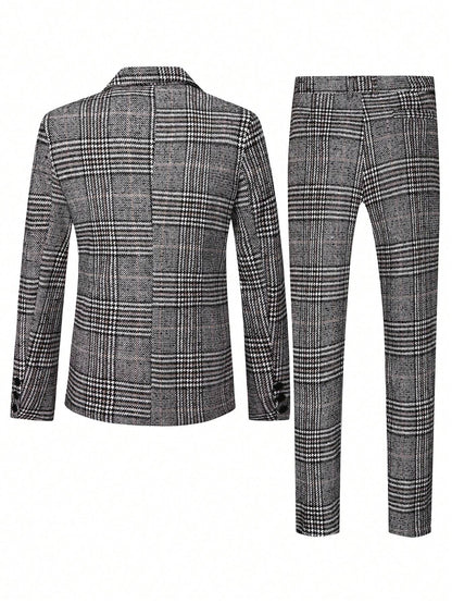 Manfinity Mode Men'S Plaid Double-Breasted Suit Jacket and Pants Set,Fall and Winter Men Clothes,Two Pieces Outfits