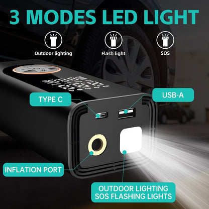 Cordless Tyre Inflator Portable Air Compressor Digital Car Tire Pump DC 12V 150 PSI Electric Air Pump for Vehicle Tyres/Bike/Inflatables with Preset and Auto Shutoff Function/ 4 Nozzles/Led Light