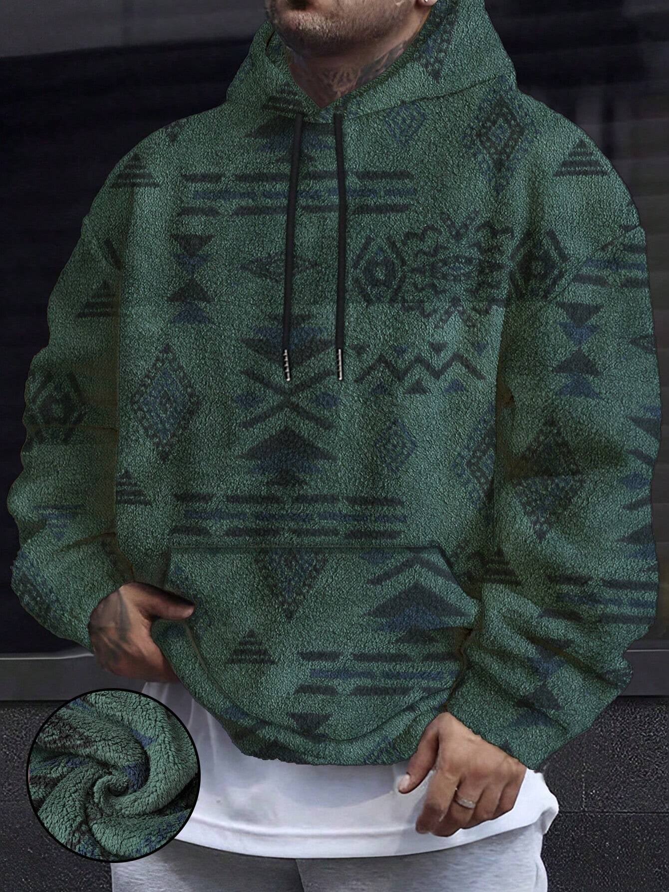Men'S Totem Print Hooded Sherpa Fleece Sweatshirt